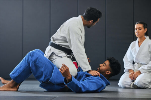 Martial arts instructor teaching a lesson on fighting and defense.